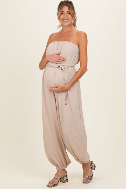 Beige Crinkled Tube Balloon Maternity Jumpsuit