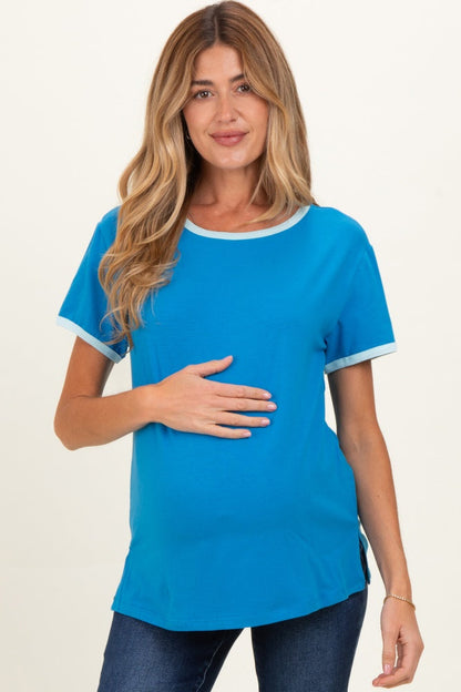 Blue Contrast Trim Boxy Fit Maternity Tee