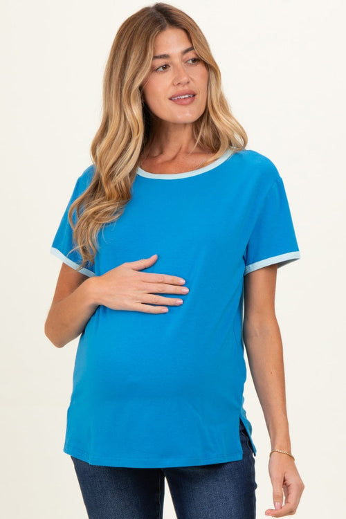 Blue Contrast Trim Boxy Fit Maternity Tee