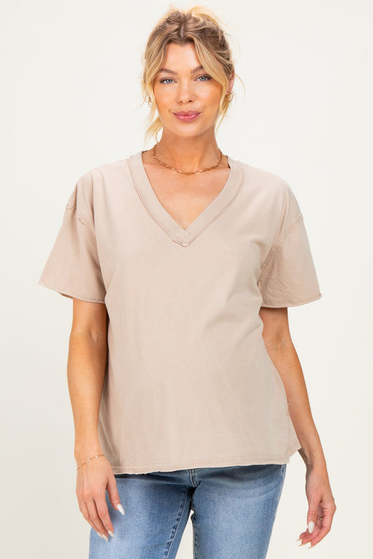 Beige Washed V-Neck Oversized Maternity Tee