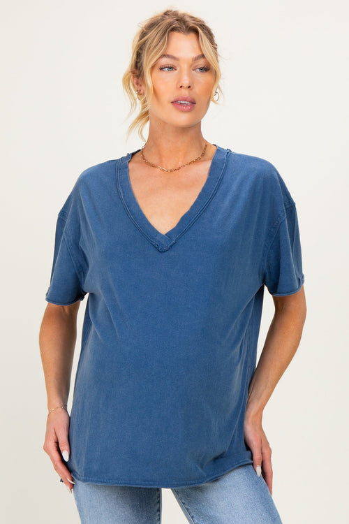 Navy Washed V-Neck Oversized Maternity Tee