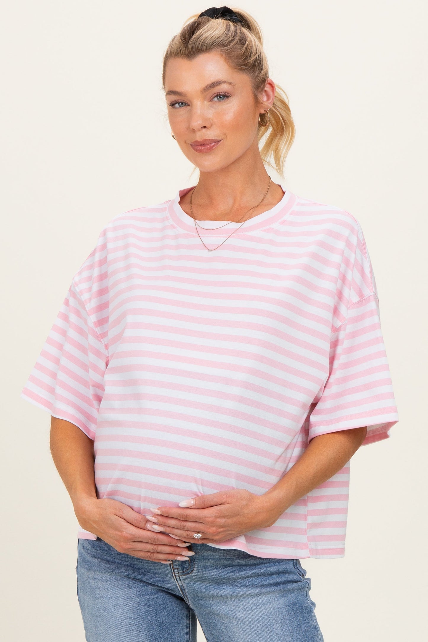 Light Pink Oversized Striped Maternity Boyfriend Tee