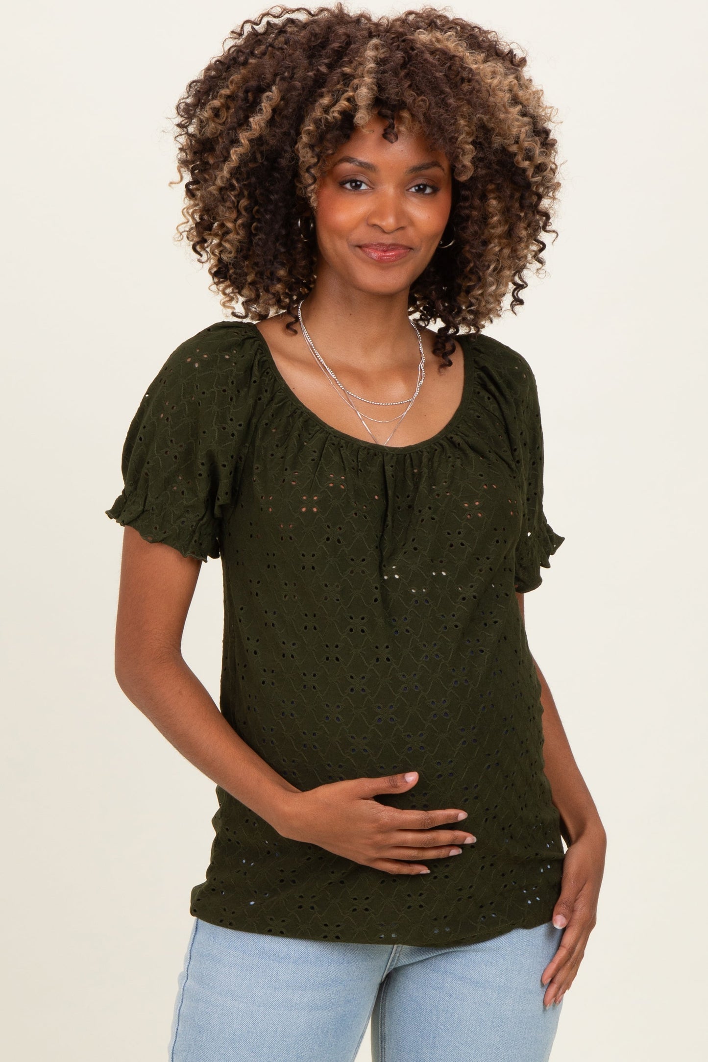 Olive Eyelet Lace Puff Sleeve Maternity Blouse