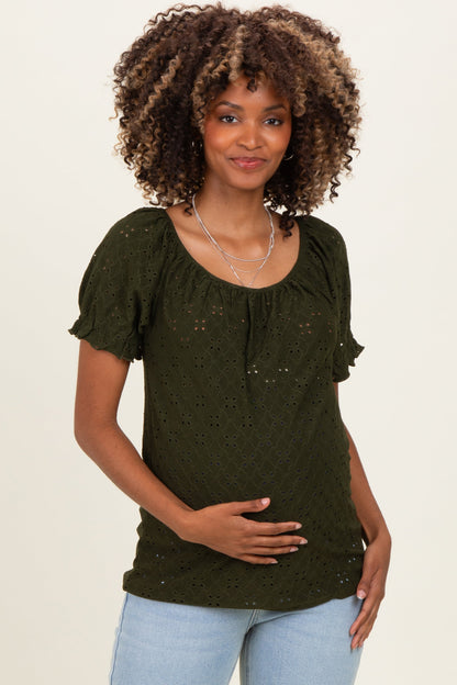 Olive Eyelet Lace Puff Sleeve Maternity Blouse