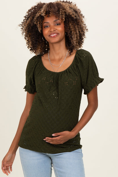 Olive Eyelet Lace Puff Sleeve Maternity Blouse