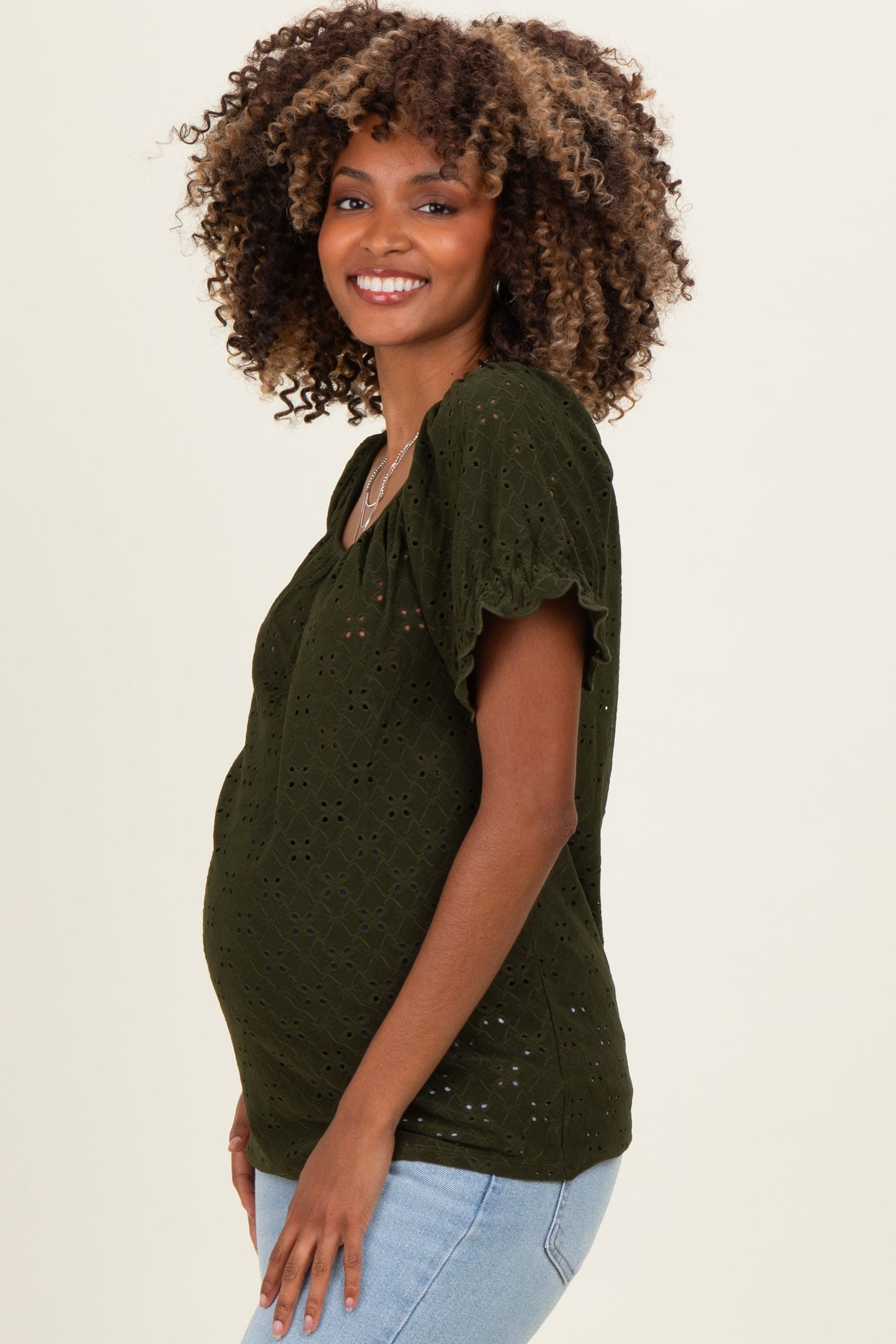 Olive Eyelet Lace Puff Sleeve Maternity Blouse