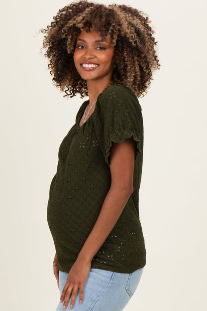 Olive Eyelet Lace Puff Sleeve Maternity Blouse