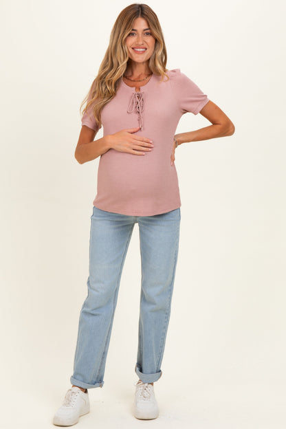 Blush Waffle Knit Lace-Up Maternity Top