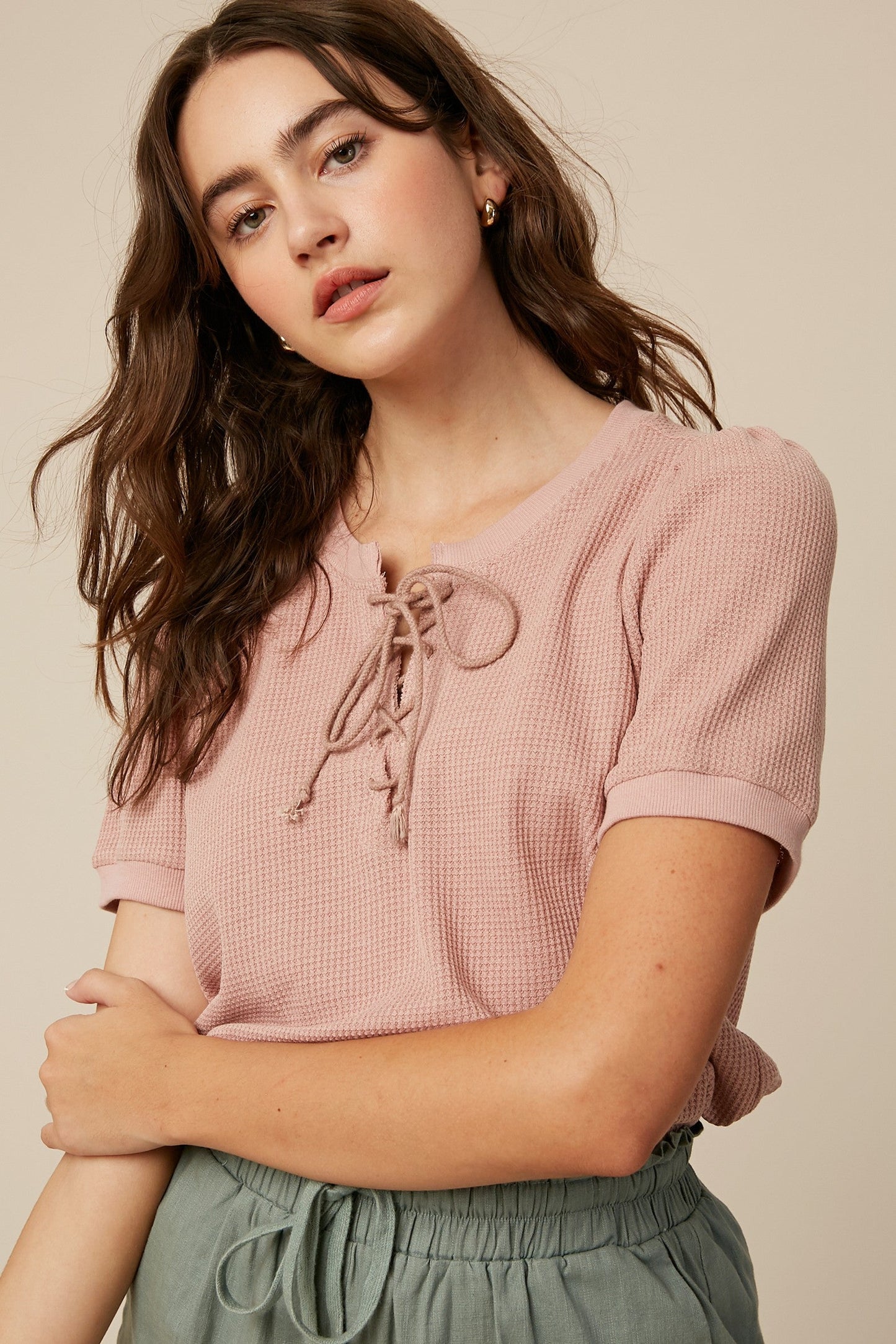 Blush Waffle Knit Lace-Up Maternity Top