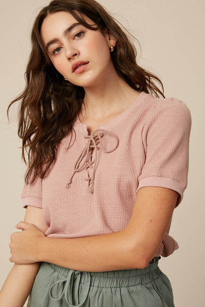 Blush Waffle Knit Lace-Up Maternity Top