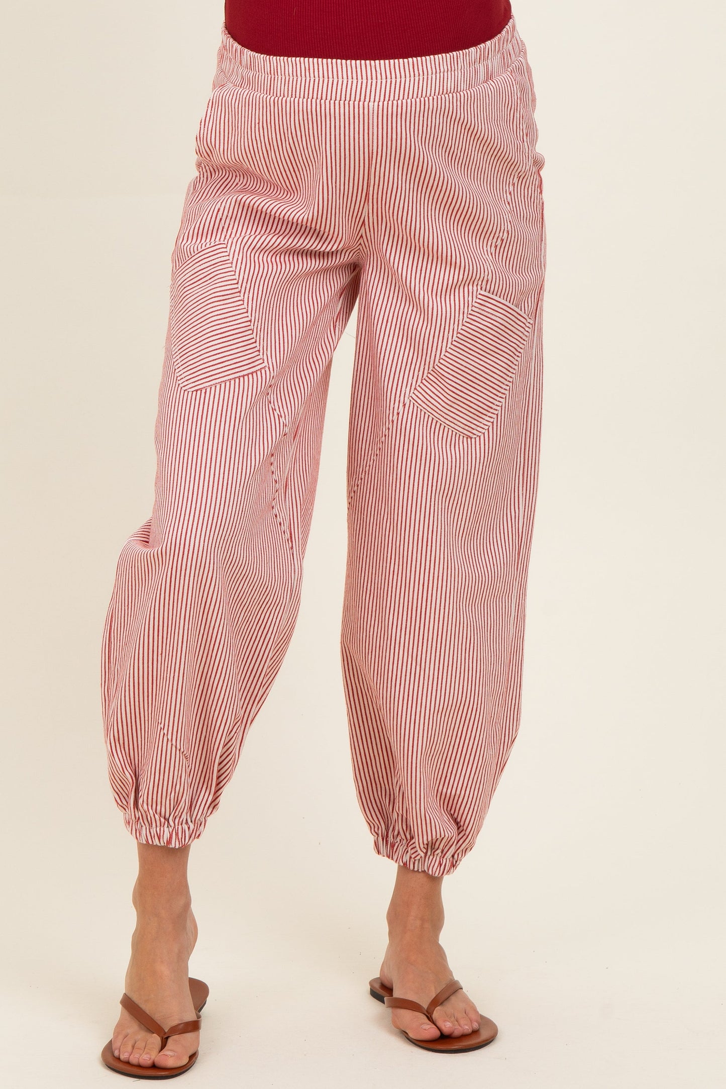 Red Striped Patch Pocket Maternity Pants