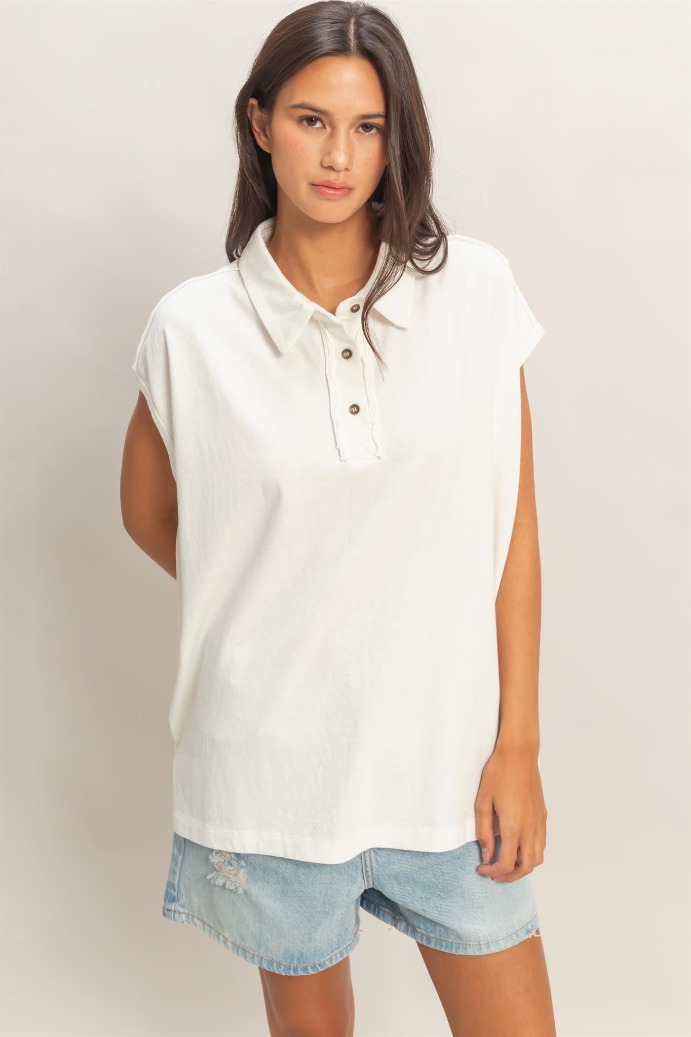 Ivory Pigment Dye Sleeveless Polo Oversized Maternity Top