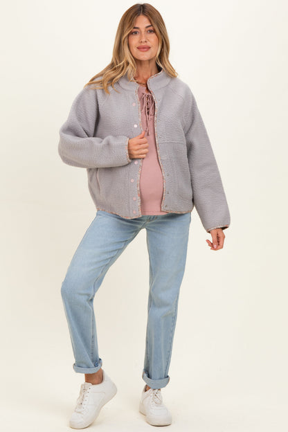 Grey Floral Trim Fleece Snap Button Maternity Jacket