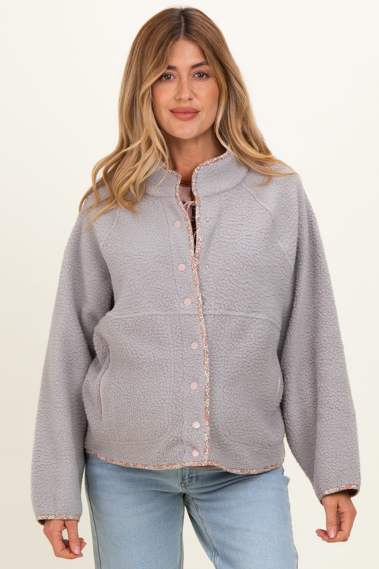 Grey Floral Trim Fleece Snap Button Maternity Jacket