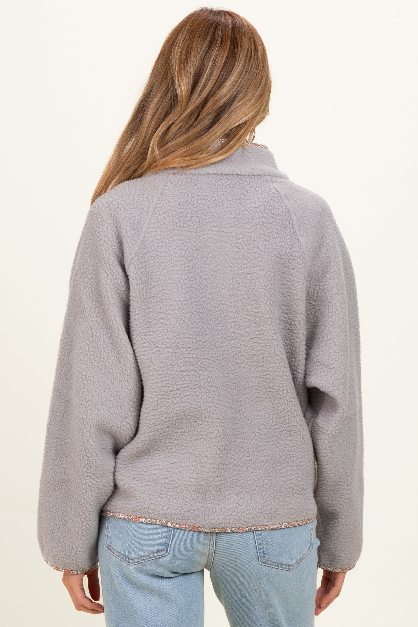 Grey Floral Trim Fleece Snap Button Maternity Jacket