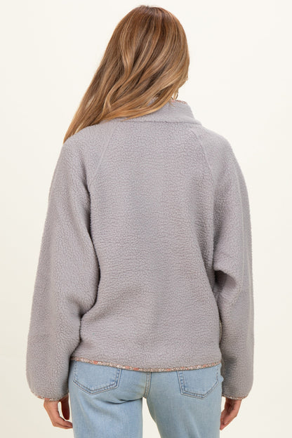 Grey Floral Trim Fleece Snap Button Maternity Jacket