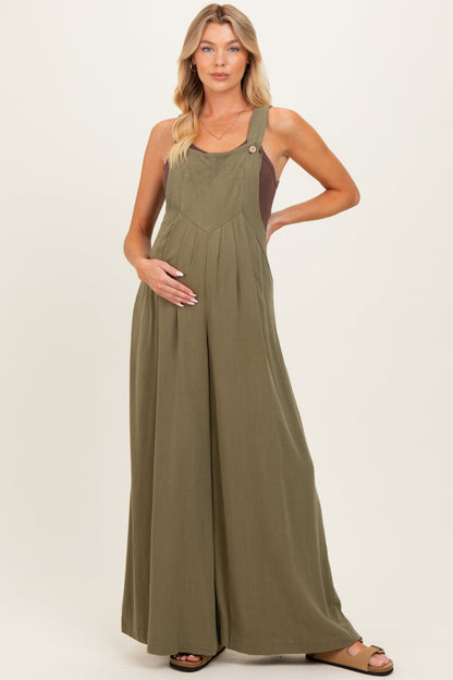 Olive Super Wide Leg Overall Maternity Jumpsuit