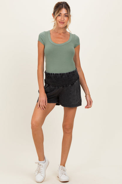Black Smocked Waist Mineral Wash Maternity Shorts