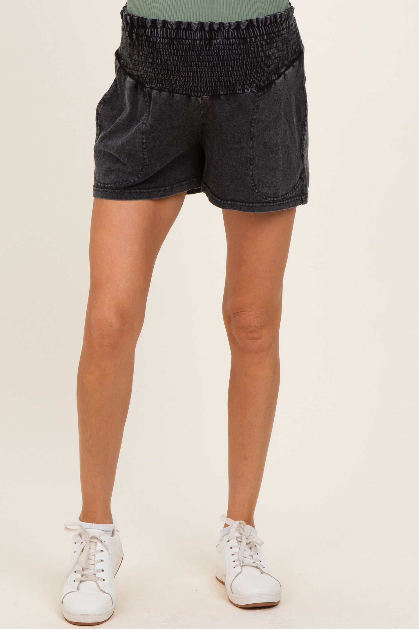 Black Smocked Waist Mineral Wash Maternity Shorts