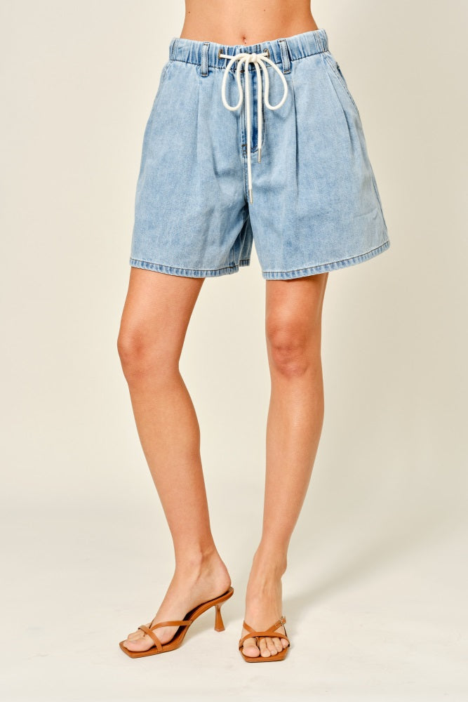 Light Denim Midi Pleated Maternity Shorts
