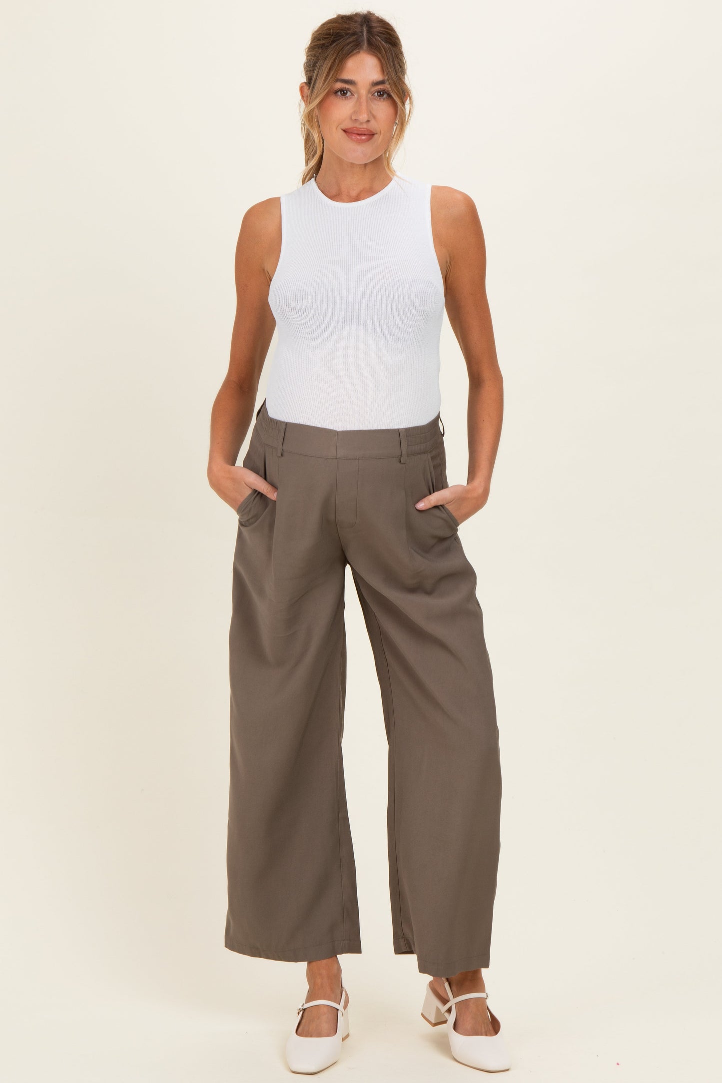 Mocha Elastic Waistband Maternity Trousers