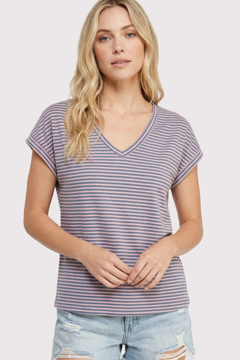 Pink Blue Striped V-Neck Short Sleeve Maternity Top