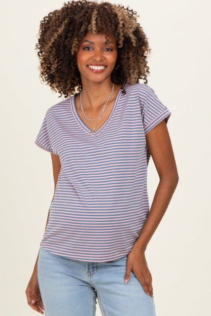 Pink Blue Striped V-Neck Short Sleeve Maternity Top