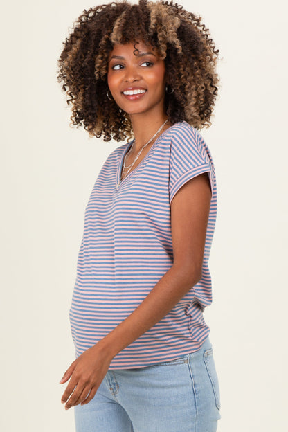 Pink Blue Striped V-Neck Short Sleeve Maternity Top