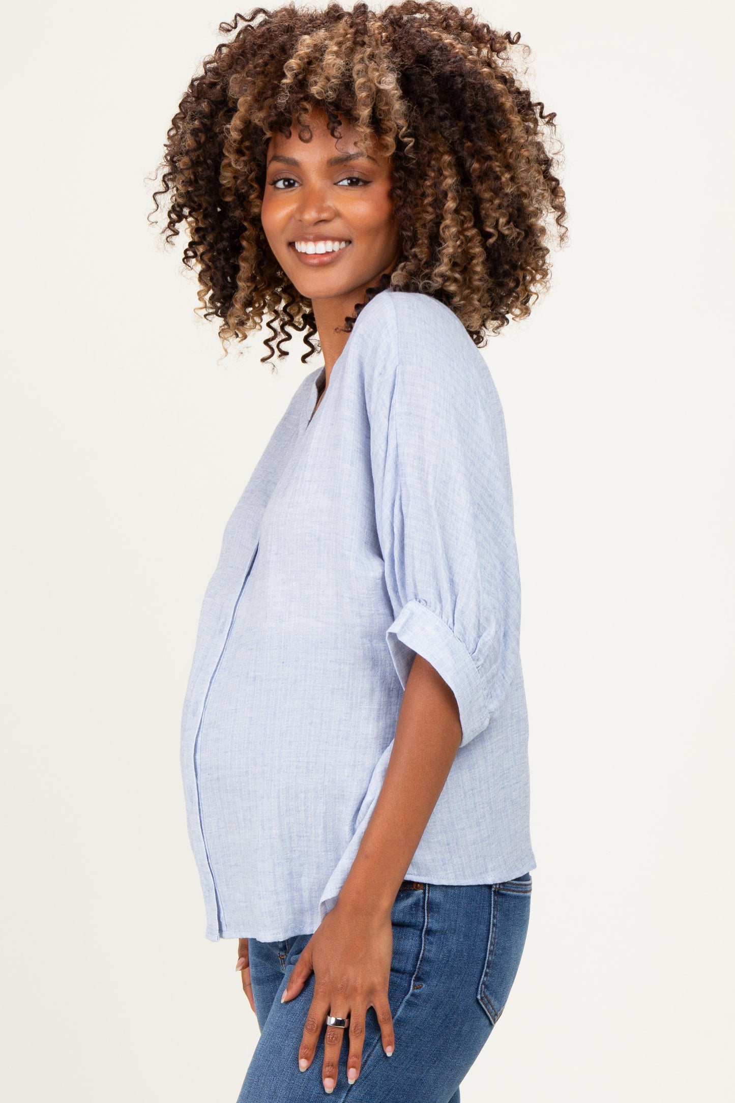Light Blue Button Down 3/4 Sleeve Maternity Blouse