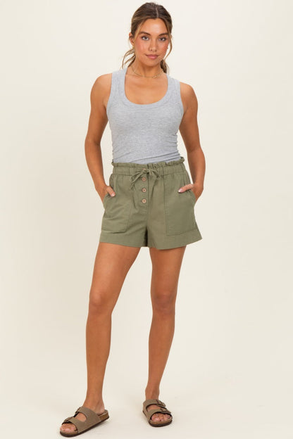 Olive Paper Bag Button Up Twill Maternity Shorts