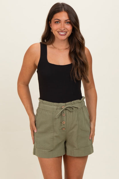 Olive Paper Bag Button Up Twill Maternity Shorts