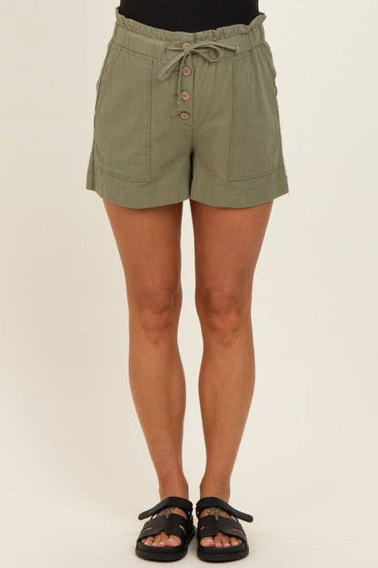 Olive Paper Bag Button Up Twill Maternity Shorts