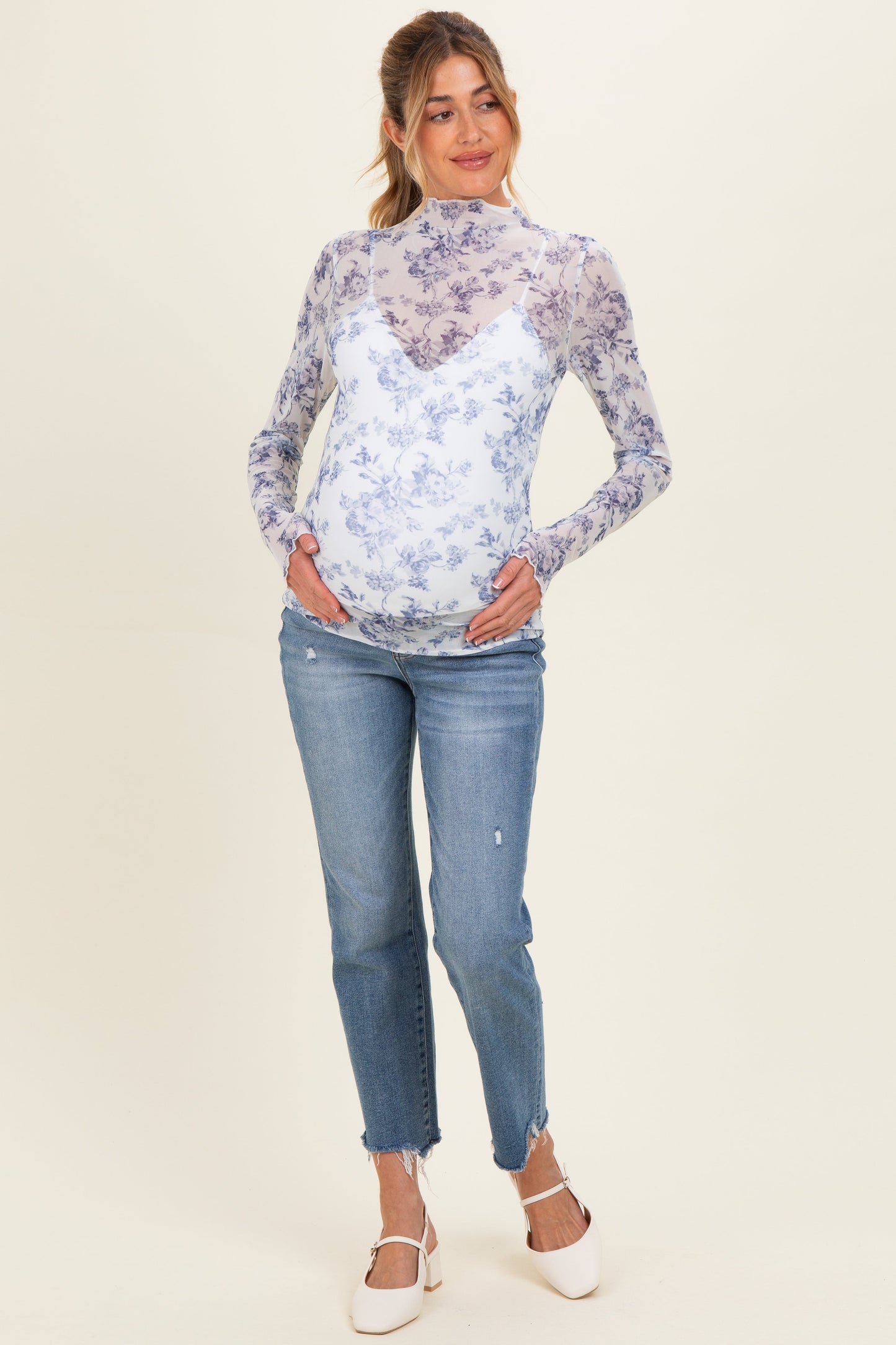 Blue Floral Sheer Mesh High Neckline Maternity Top