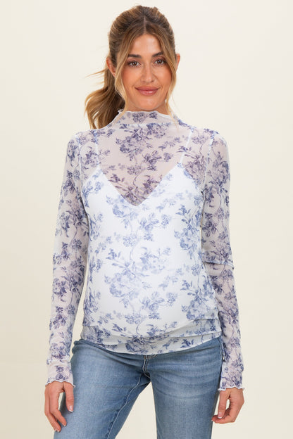 Blue Floral Sheer Mesh High Neckline Maternity Top