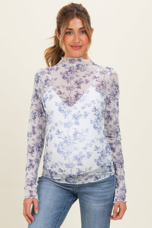 Blue Floral Sheer Mesh High Neckline Maternity Top