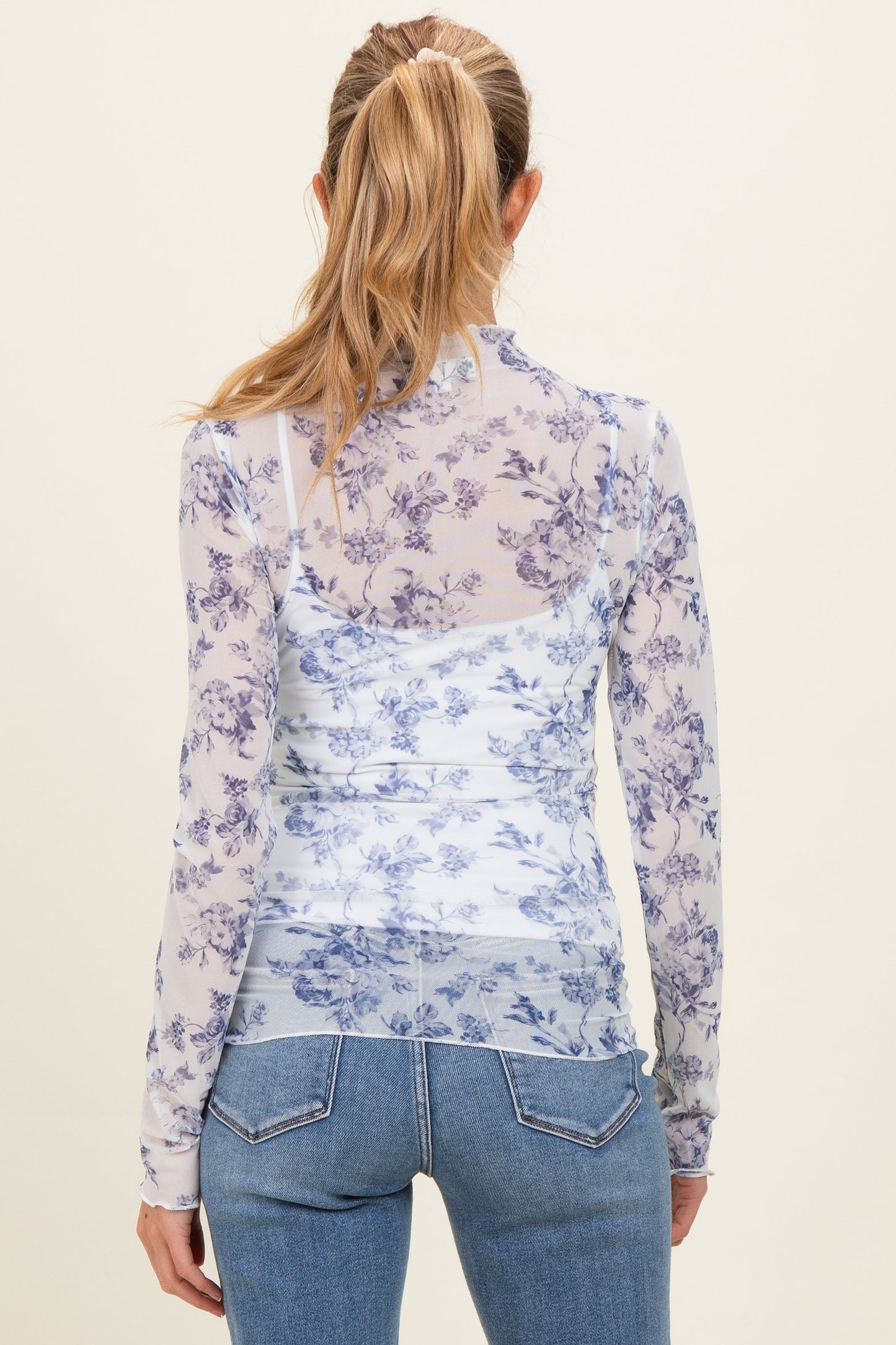 Blue Floral Sheer Mesh High Neckline Maternity Top