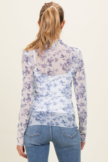Blue Floral Sheer Mesh High Neckline Maternity Top