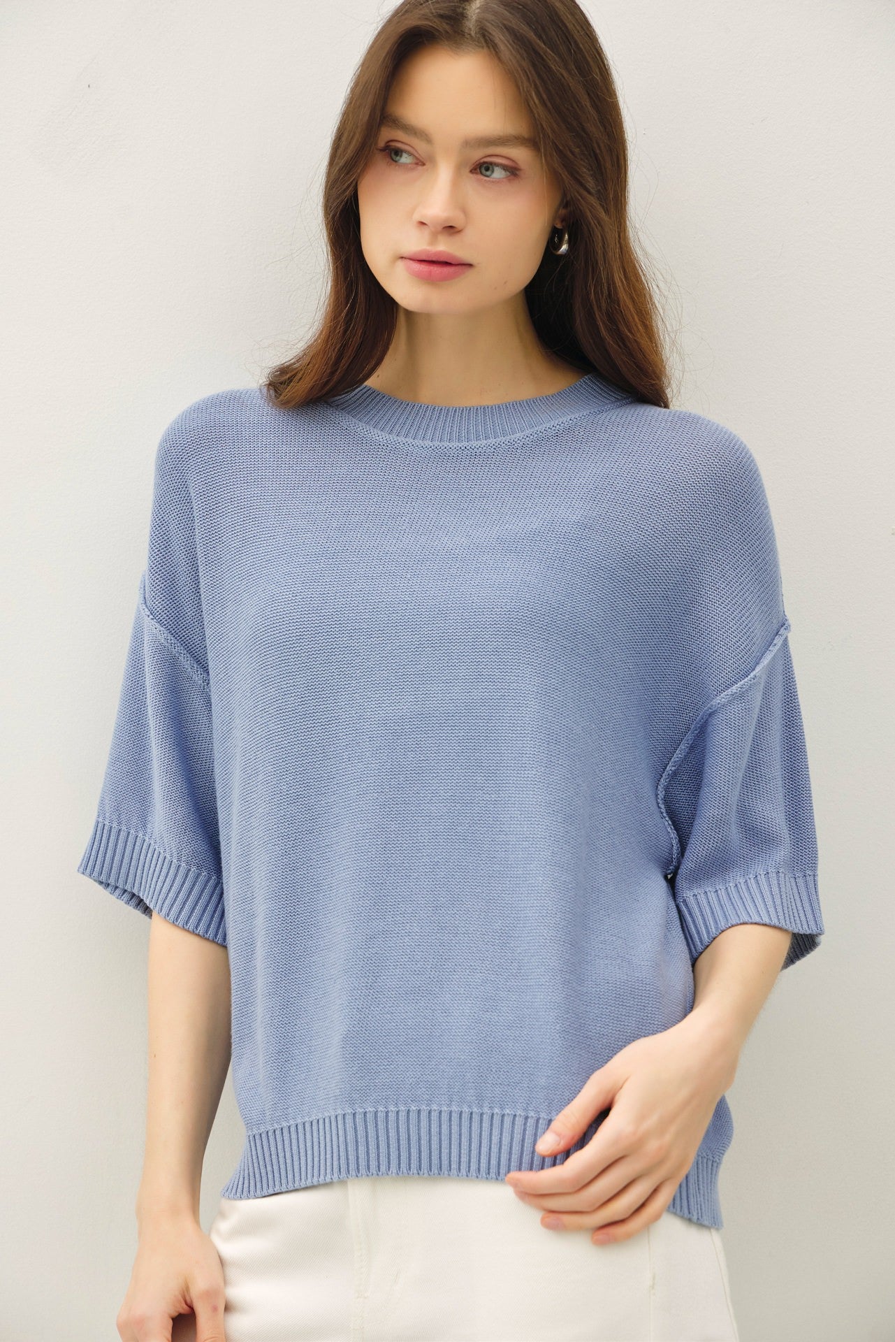 Blue Oversize Cut Sweater Maternity Top With Raw Edge