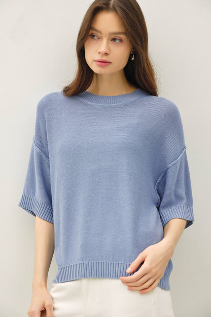 Blue Oversize Cut Sweater Maternity Top With Raw Edge
