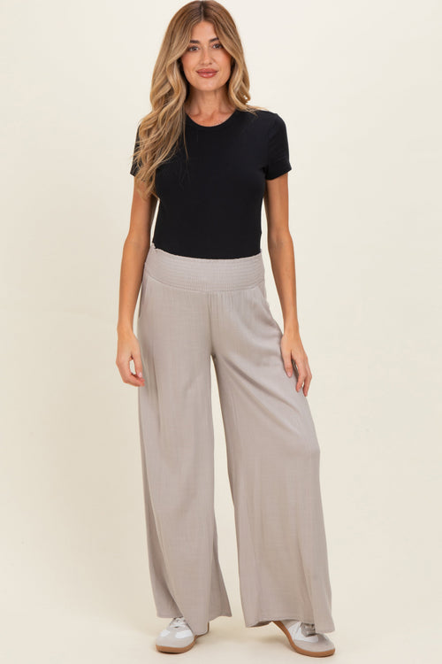 Beige Smocked Waistband Wide Leg Maternity Lounge Pants
