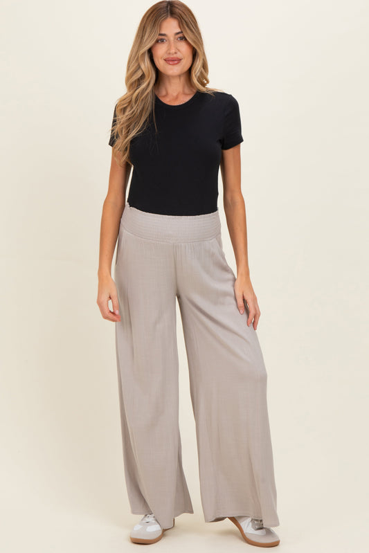 Beige Smocked Waistband Wide Leg Maternity Lounge Pants