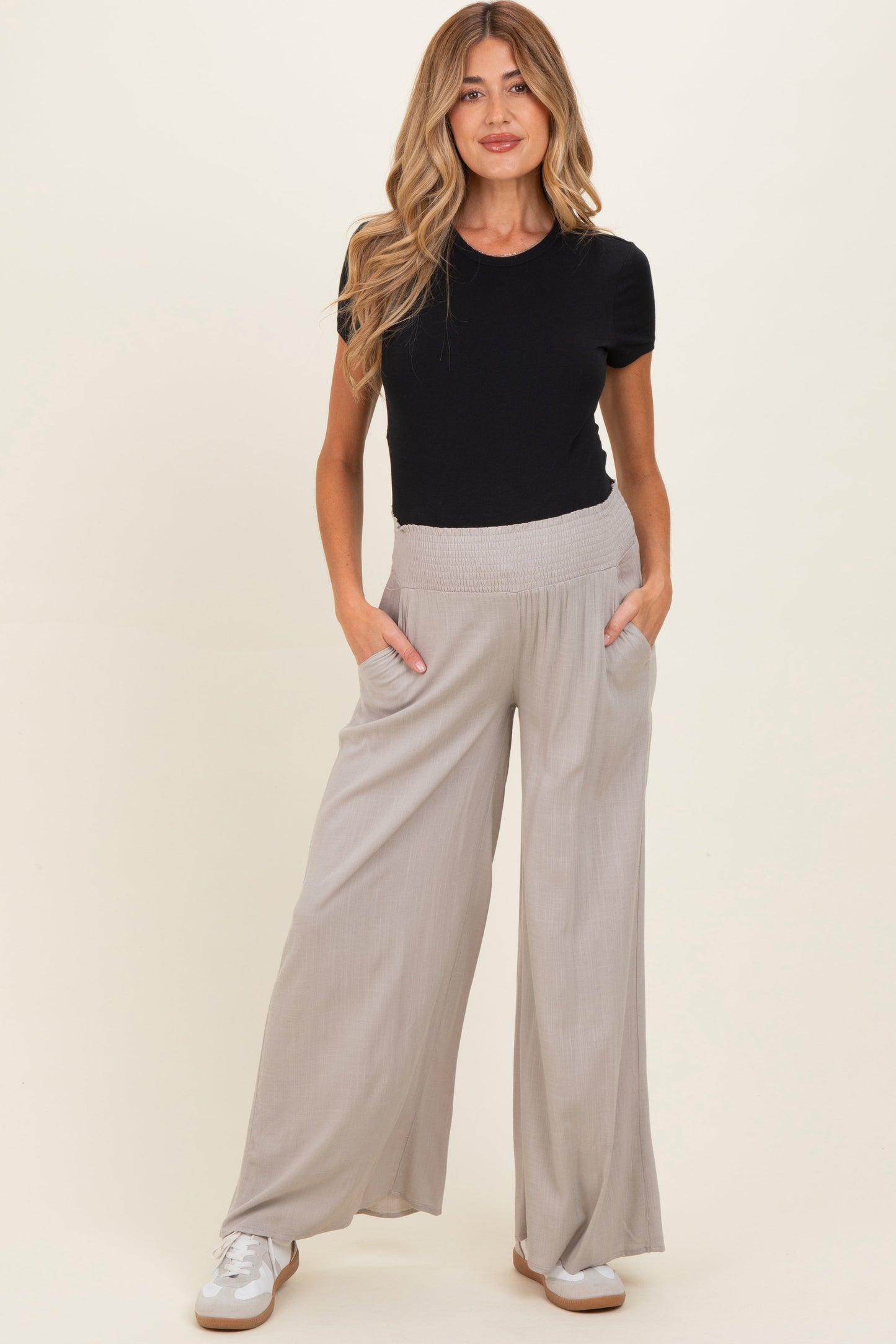 Beige Smocked Waistband Wide Leg Maternity Lounge Pants