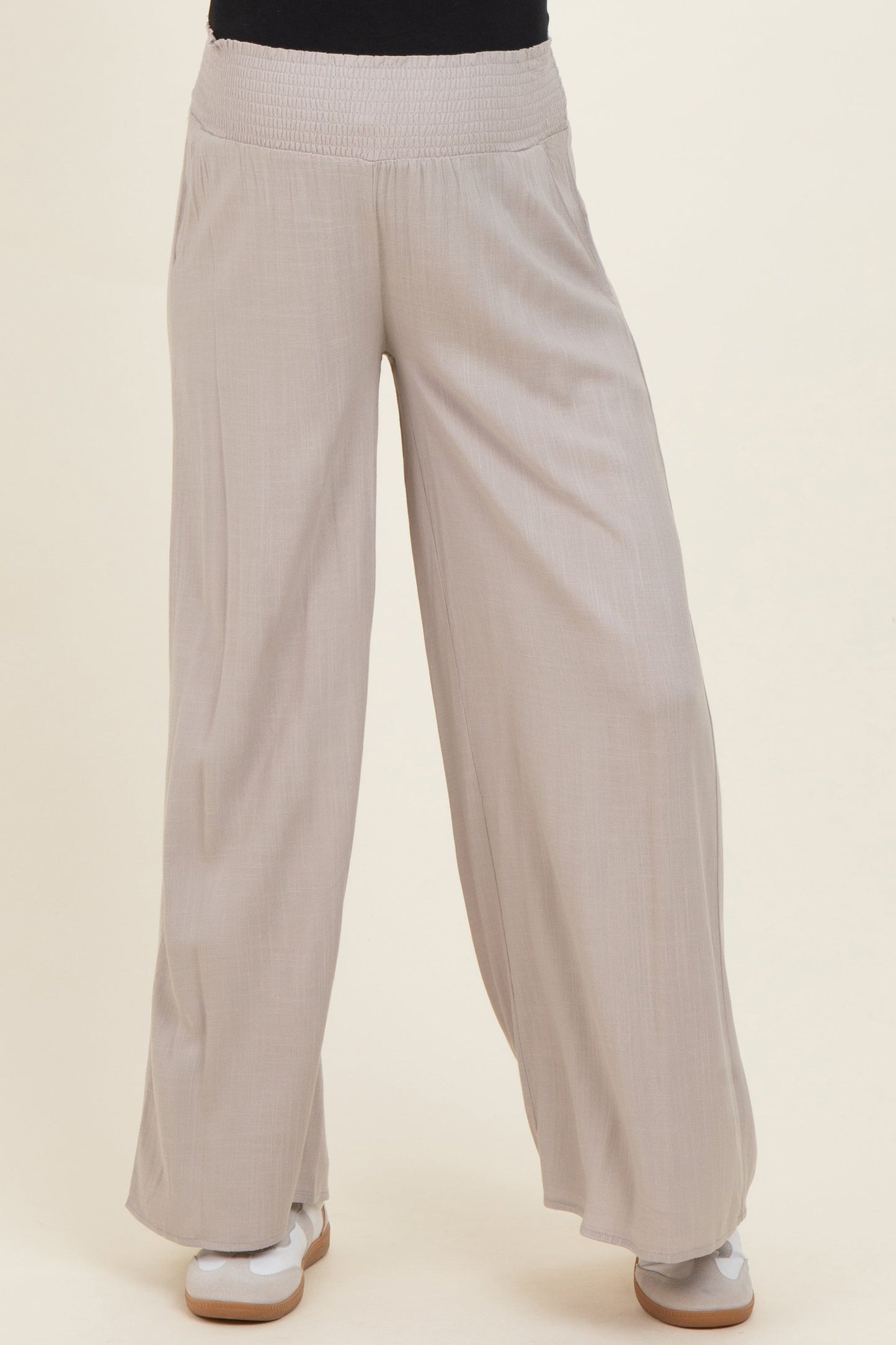 Beige Smocked Waistband Wide Leg Maternity Lounge Pants