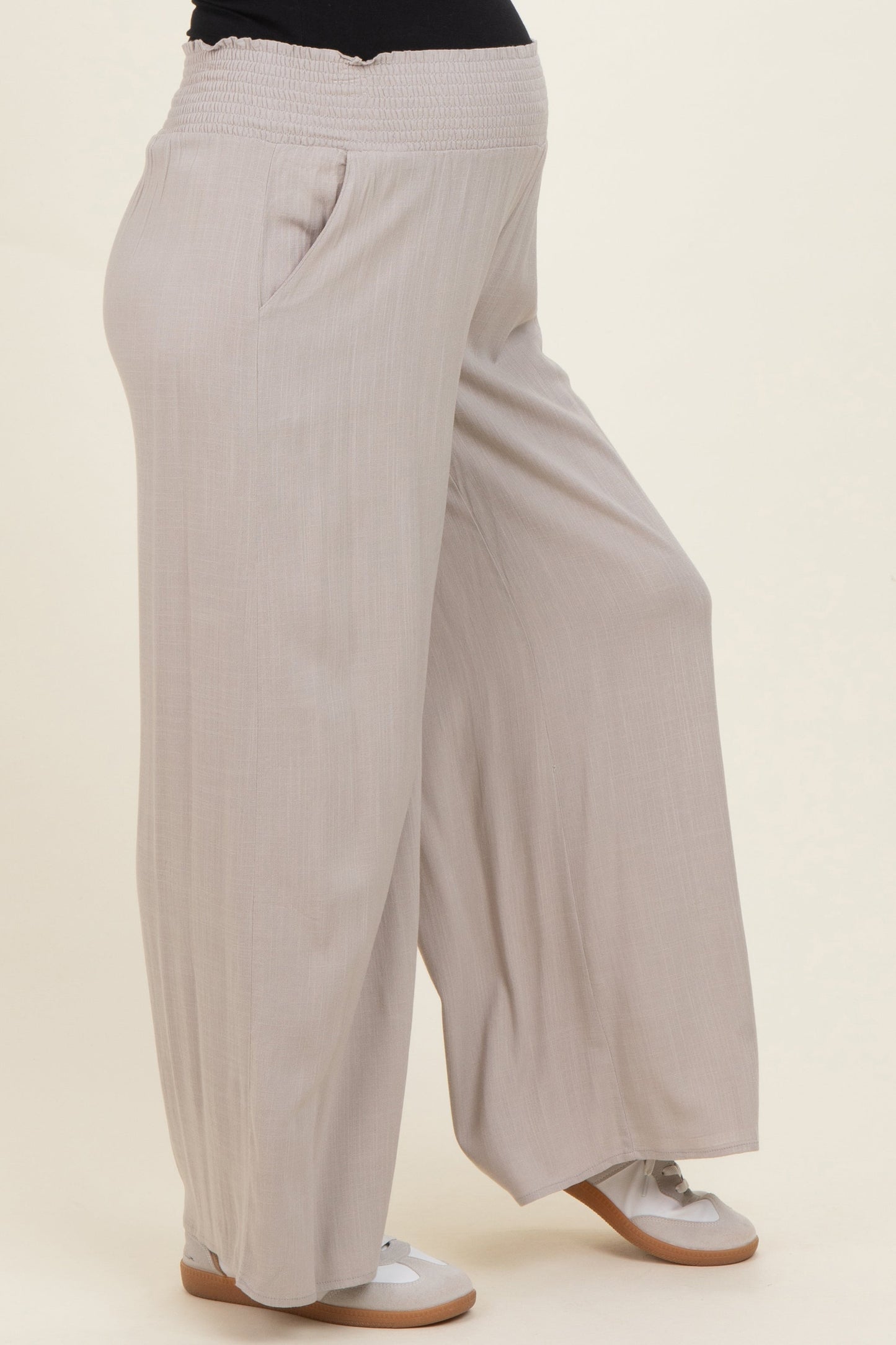Beige Smocked Waistband Wide Leg Maternity Lounge Pants