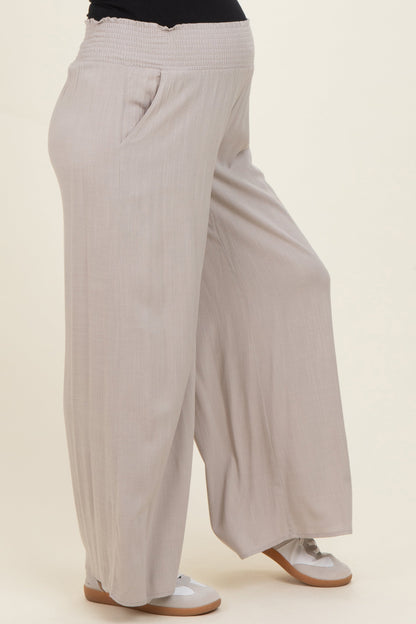 Beige Smocked Waistband Wide Leg Maternity Lounge Pants