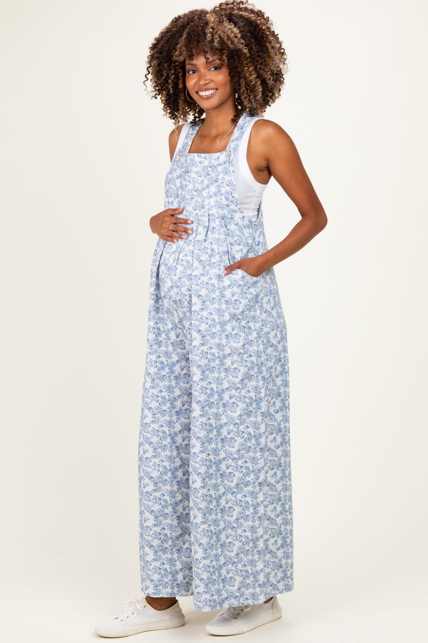 Denim Floral Twill Maternity Overalls
