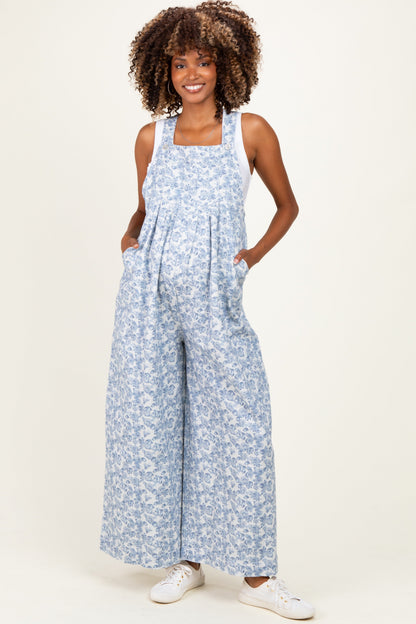 Denim Floral Twill Maternity Overalls