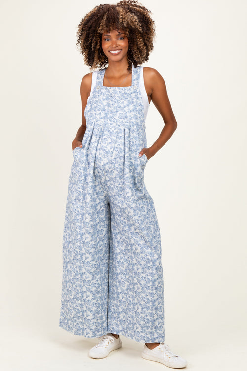 Denim Floral Twill Maternity Overalls
