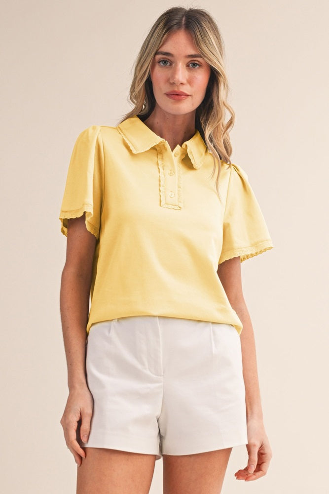 Lemon Yellow Lace Trim Maternity Polo Shirt