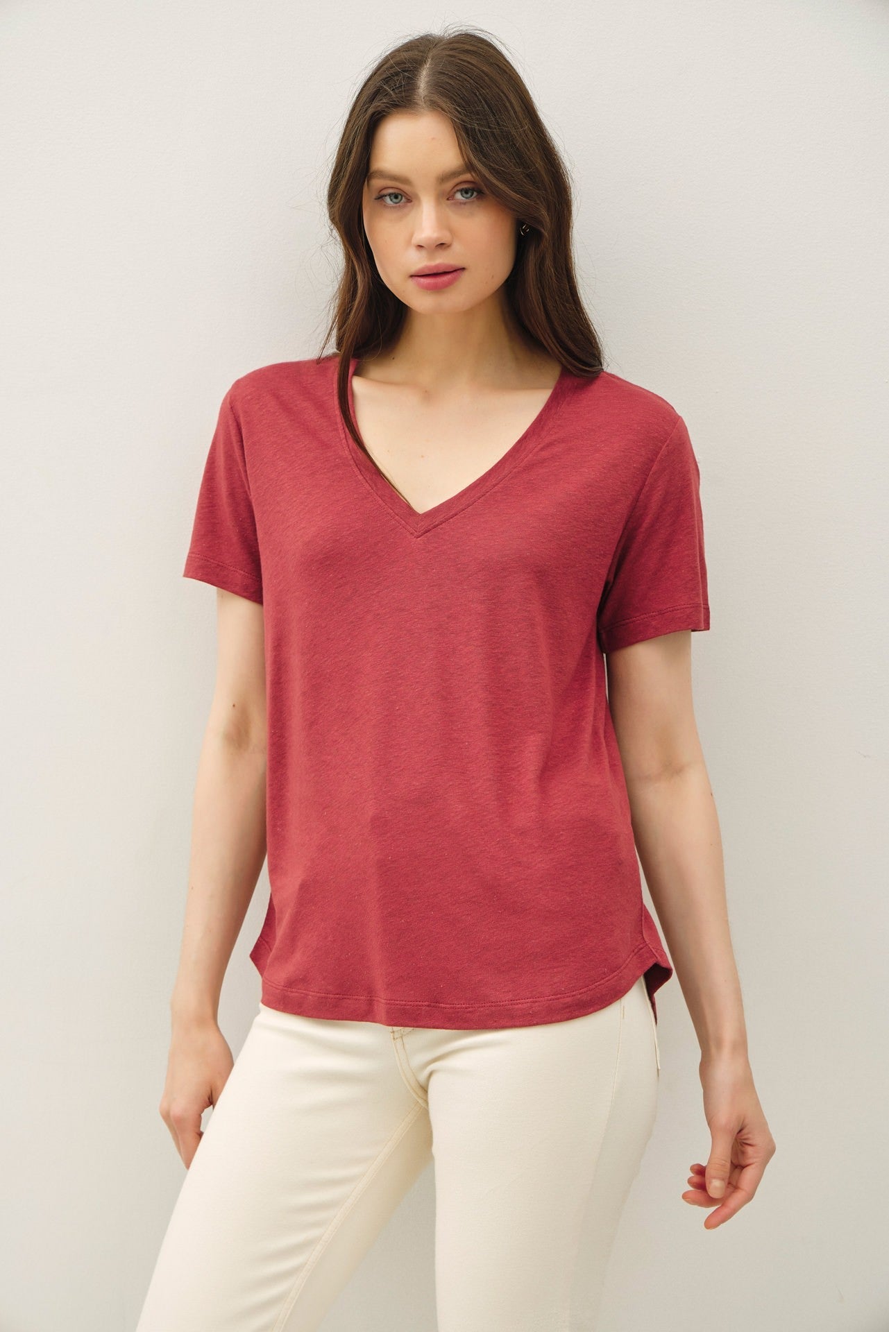Wine Linen Blend V-Neck Short Sleeve Maternity T-Shirt